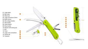 Ruike - LD43 - Cuțit multifuncțional - 15 funcții - Oțel 12C27 - Verde